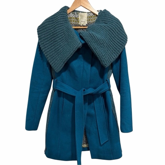 elevenses Jackets & Blazers - Anthropologie Elevenses Teal Coat Ribbed Collar Belt Wool Blend Boho